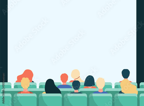 Back view of people in movie theater flat vector illustration. Cartoon crowd sitting in rows and waiting for premiere in cinema. Entertainment and performance concept