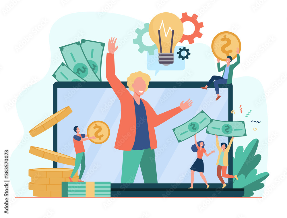Tiny entrepreneur crowdfunding startup project flat vector illustration. Cartoon sponsor and money donation via internet. Cooperation, investment and growth concept Tiny entrepreneur crowdfunding startup project flat vector illustration. Cartoon sponsor and money donation via internet. Cooperation, investment and growth concept