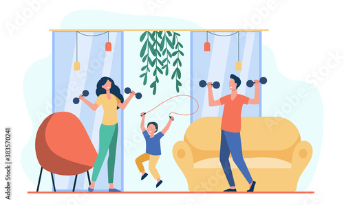 Happy family training together flat vector illustration. Cartoon active people doing strength exercise in living room. Wellness and workout at home concept