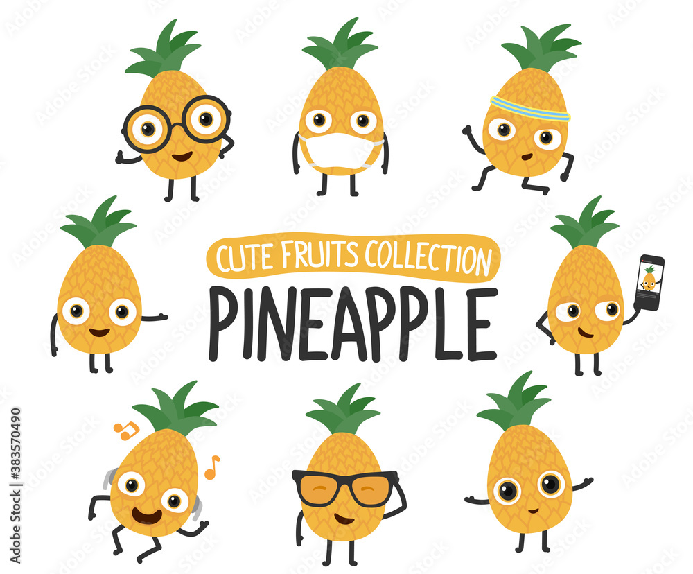 Cute pineapple cartoon characters set.To see the other vector fruit cartoon illustrations , please check cute fruits collection. Cute pineapple cartoon characters set.To see the other vector fruit cartoon illustrations , please check cute fruits collection.