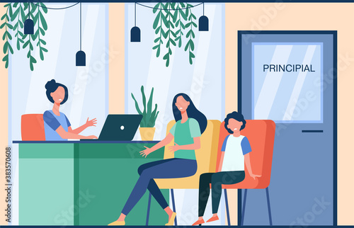 Unhappy mom talking with angry principal director about son isolated flat vector illustration. Cartoon parent sitting in principal room. Education, school and family control concept