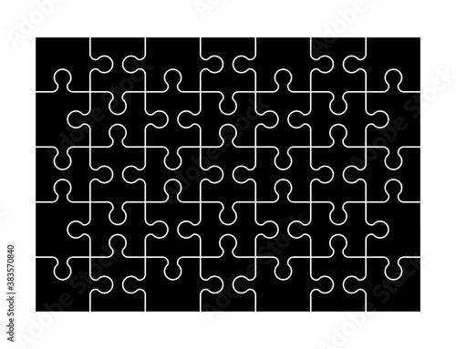 Set of thirty five puzzle jigsaw pieces. Puzzle with different types of details and the ability to move each part. Black and white vector illustration isolated on white background.	