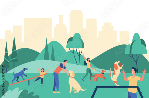 Happy people walking with dogs at city park isolated flat vector illustration. Cartoon characters training their pets in special area. Animals and outdoor activity concept
