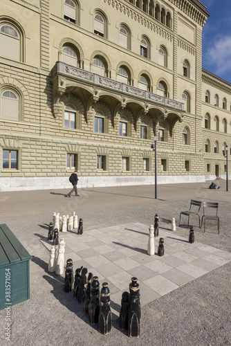 chess and facade of the Federal Palace of Switzerland in Bern, Switzerland