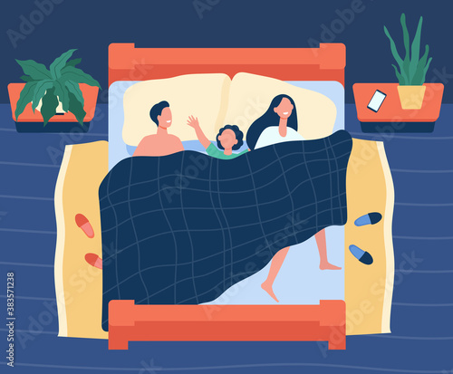 Happy mom, dad and kid sleeping together isolated flat vector illustration. Cartoon asleep people lying in bed. Love, family and night concept
