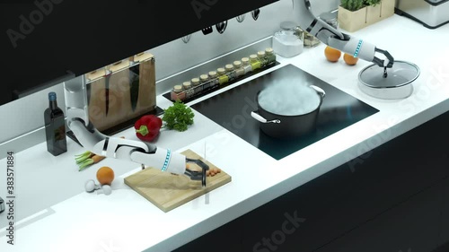 Robotic hands prepare soup. Cut the mark, throw it into boiling water.