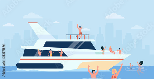 Cheerful people sailing on luxury boat isolated flat vector illustration. Cartoon character relaxing on yacht cruise. Yachting, sea and summer vacation concept