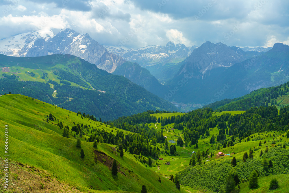 Mountain landscape along the road to Sella pass, Dolomites