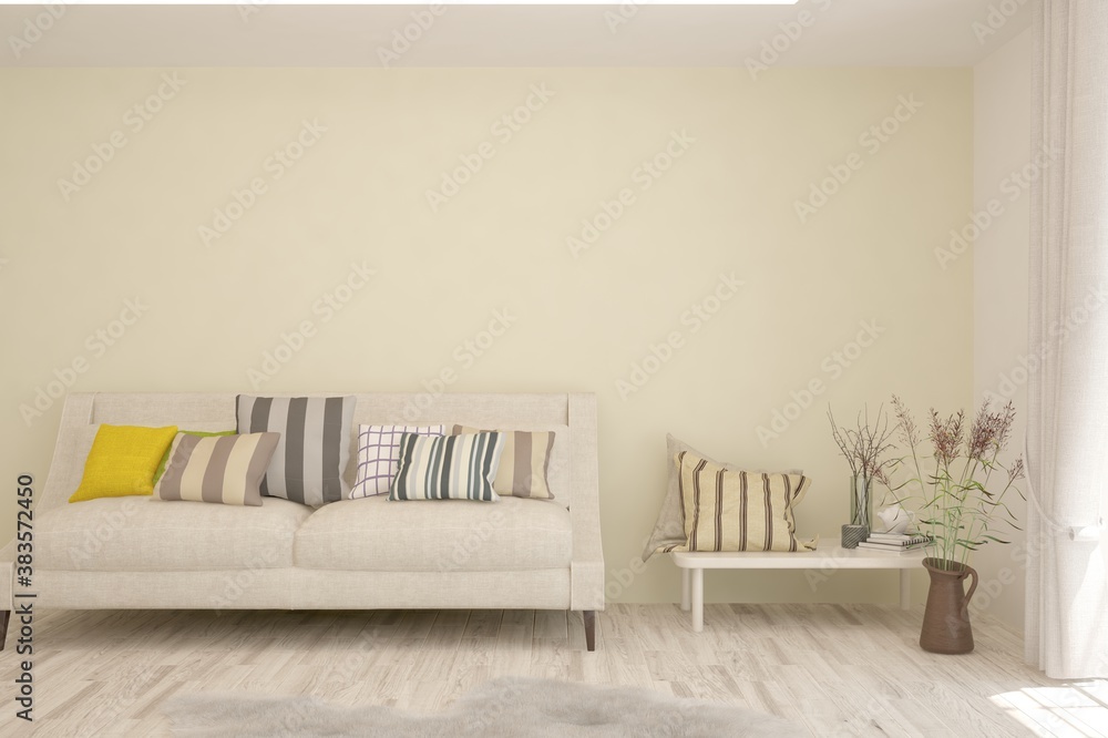 White living room with sofa. Scandinavian interior design. 3D illustration White living room with sofa. Scandinavian interior design. 3D illustration
