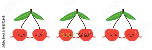 Set, collection of cute and happy cartoon style red cherry characters for healthy food, vegan and cooking design.