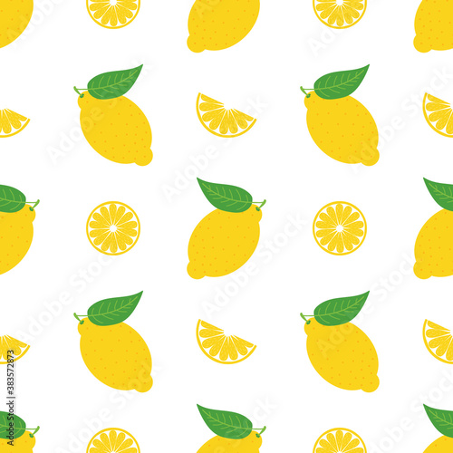 Cute cartoon style vector seamless pattern background with whole lemons with leaves and lemon slices.
