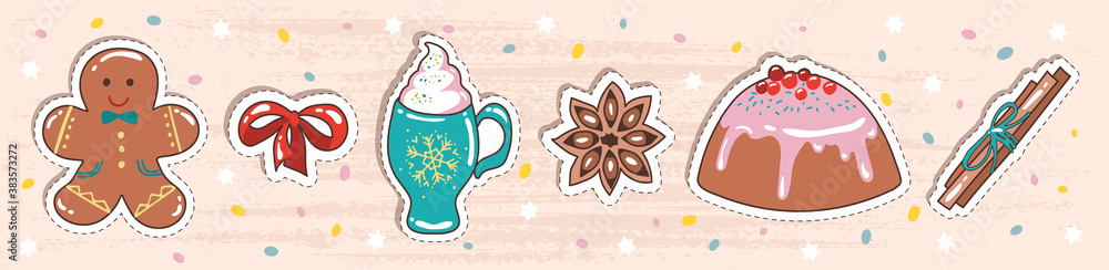 Vector set of hand-drawn stickers for winter sweets. Cartoon patches in the concept of dessert, drinks, baking. Hand-drawn gingerbread man, sweet drink, cinnamon sticks,star anise, cupcake Vector set of hand-drawn stickers for winter sweets. Cartoon patches in the concept of dessert, drinks, baking. Hand-drawn gingerbread man, sweet drink, cinnamon sticks,star anise, cupcake