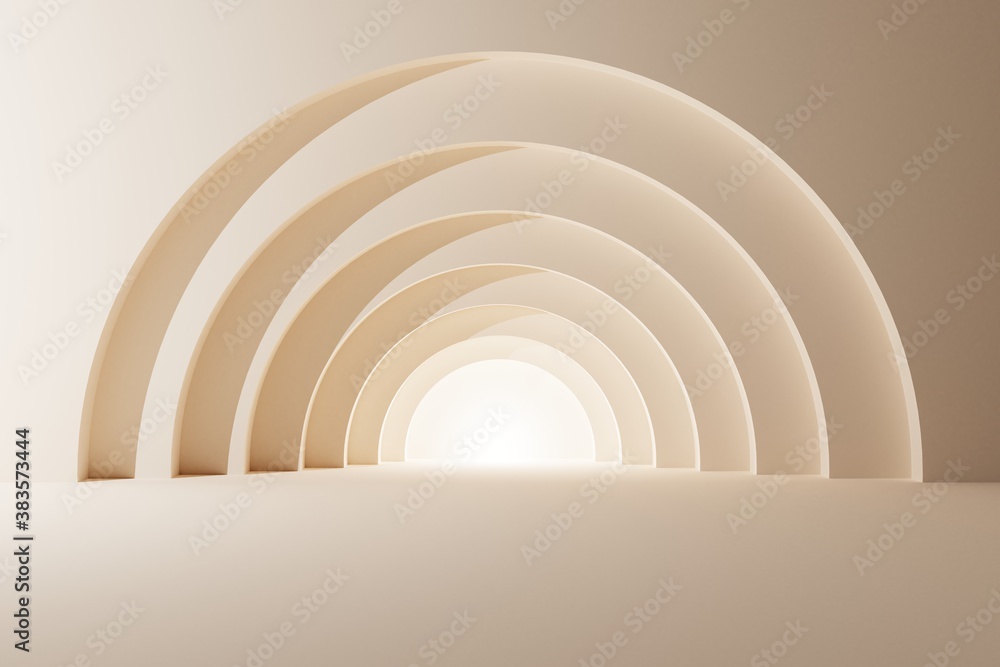 Fototapeta premium Pastel background arch tunnel with glowing architectural elements 3d illustration