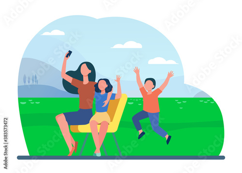 Mom and children taking selfie outdoors. Using smartphone for video call, waving hello flat vector illustration. Motherhood, communication concept for banner, website design or landing web page