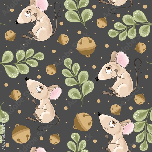 Christmas and New year festive seamless pattern for wrapping paper or fabric with different elemets. Mouse and Bunny. Fashionable vintage style