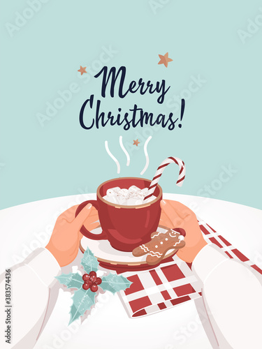 Hands with mug of cocoa and text merry christmas