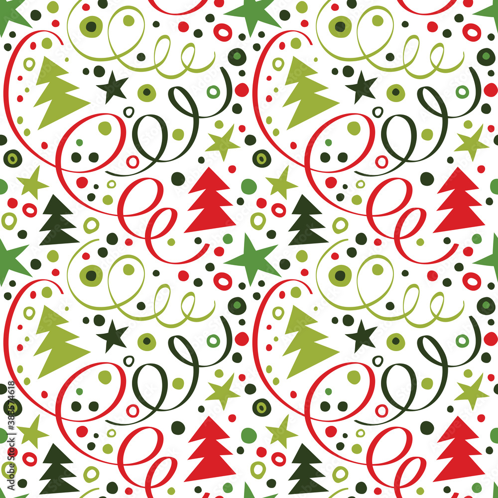 Merry Christmas. Seamless pattern with serpentine, trees and stars. Merry Christmas. Seamless pattern with serpentine, trees and stars.