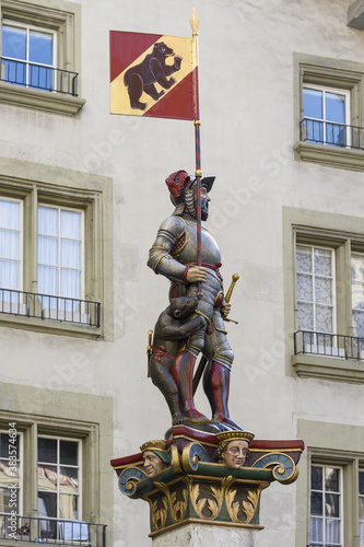 The Vennerbrunnen, Banner Carrier Fountain on Rathausplatz in the Old City of Bern, Switzerland © hectorchristiaen