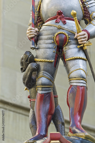 The Vennerbrunnen, Banner Carrier Fountain on Rathausplatz in the Old City of Bern, Switzerland photo