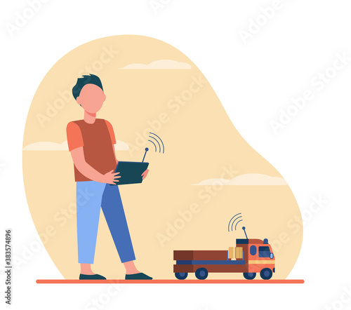 Boy playing with radio controlled toy. Truck, car, remote control flat vector illustration. Childhood, activity, fun concept for banner, website design or landing web page
