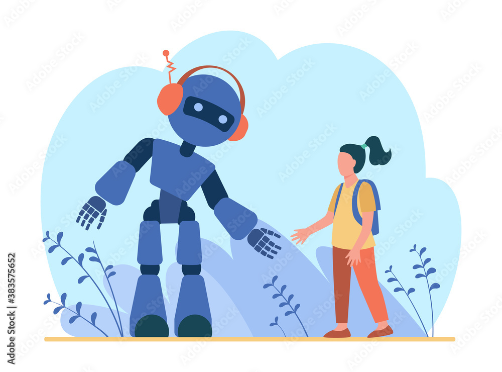 Girl talking to robot. Humanoid, cyborg, machine flat vector illustration. Robotics class, artificial intelligence, technology concept for banner, website design or landing web page Girl talking to robot. Humanoid, cyborg, machine flat vector illustration. Robotics class, artificial intelligence, technology concept for banner, website design or landing web page