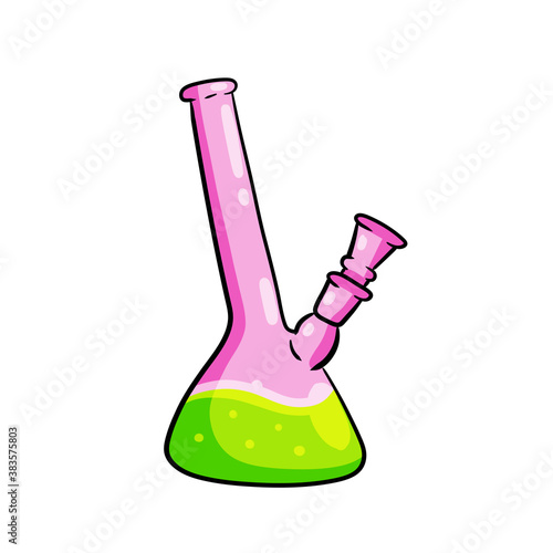 Bong for Smoking tobacco and marijuana. Glass bottle for cannabis. Cartoon illustration. Drug dependence