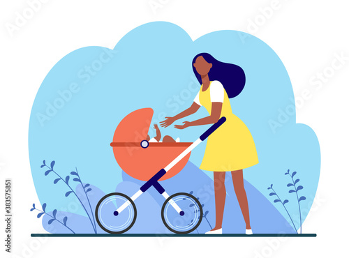 New mom walking with baby outside. Woman reaching arms to stroller with kid flat vector illustration. Motherhood, parenting, childcare concept for banner, website design or landing web page