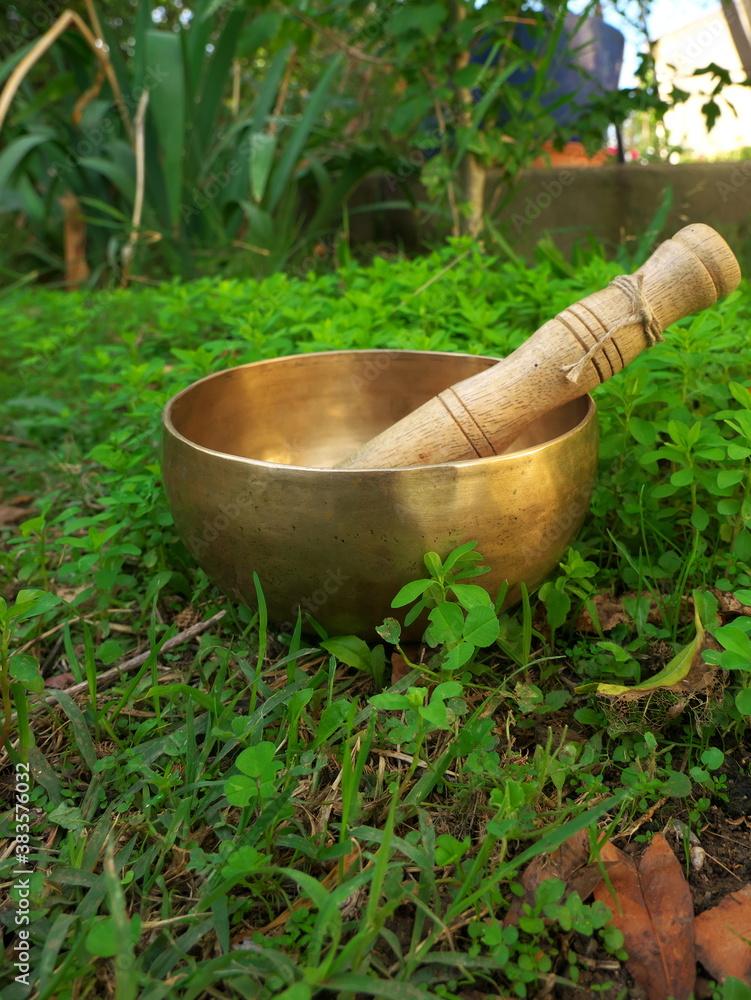 Singing bowl placed in the grass during the fall season Singing bowl placed in the grass during the fall season