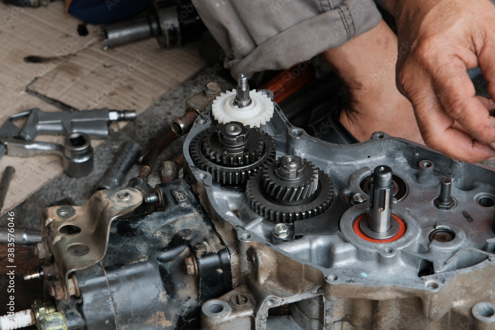 Motorcycle engines awaiting maintenance and engine repair. Motorcycle engines awaiting maintenance and engine repair.