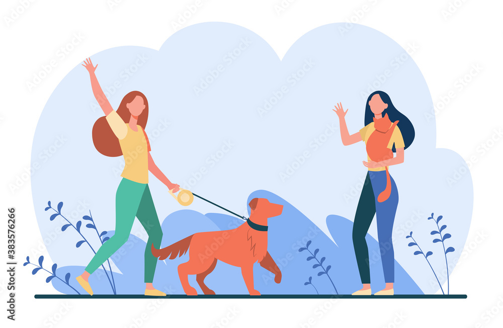 Friend walking with pets, meeting and waving hello. Women with dog and cat outside flat vector illustration. Animal care, adoption, lifestyle concept for banner, website design or landing web page