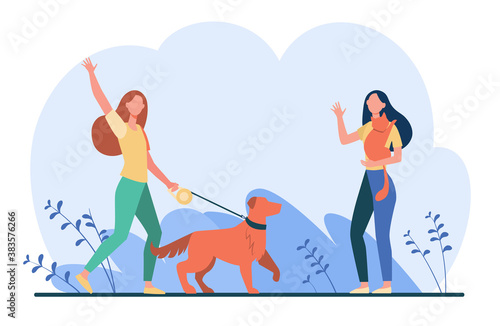 Friend walking with pets, meeting and waving hello. Women with dog and cat outside flat vector illustration. Animal care, adoption, lifestyle concept for banner, website design or landing web page