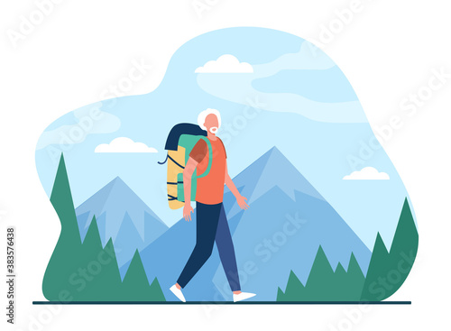 Senior man trekking in mountains. Grey haired male tourist with backpack flat vector illustration. Outdoor activity, adventure travel, lifestyle concept for banner, website design or landing web page