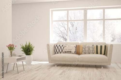 White living room with sofa and winter landscape in window. Scandinavian interior design. 3D illustration