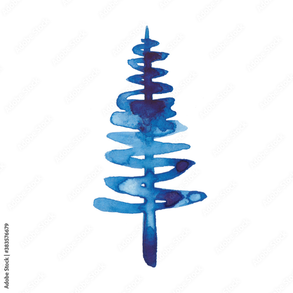 Blue watercolor Christmas pine tree element on white background. Xmas holiday decorative winter spruce. Concept eve for greeting card. New year party painting fir shape. Hand painted festive design Blue watercolor Christmas pine tree element on white background. Xmas holiday decorative winter spruce. Concept eve for greeting card. New year party painting fir shape. Hand painted festive design