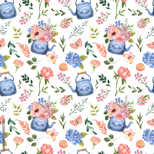Cute and bright watercolor flowers seamless pattern on white background. Hand...