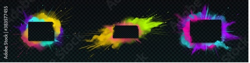 Color powder explosion with rectangle banners. Clouds of colorful dust with particles. Vector realistic splash of paint powder, burst effect with copy space for text isolated on transparent background