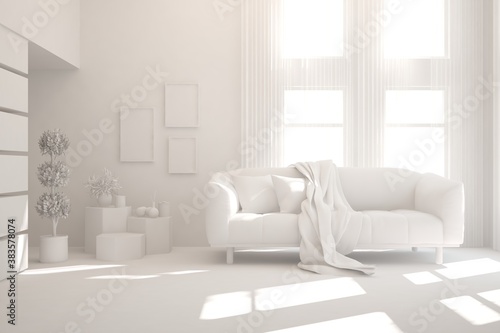 White minimalist living room with sofa. Scandinavian interior design. 3D illustration