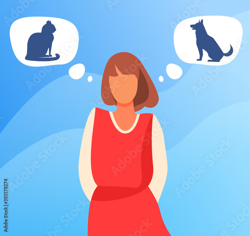 Woman choosing between cat and dog adoption. Pet owner, thought bubble, choice flat vector illustration. Animal care, adoption, lifestyle concept for banner, website design or landing web page