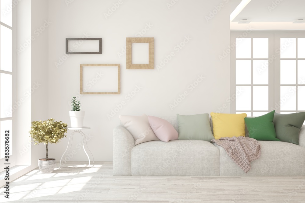 Fototapeta premium White living room with sofa. Scandinavian interior design. 3D illustration
