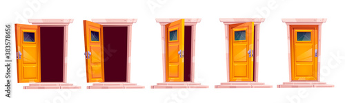 Cartoon door closing motion sequence animation. Open slightly ajar and close wooden doorways with stone stairs and darkness inside. Home facade design element, entrance. Vector illustration, icons set
