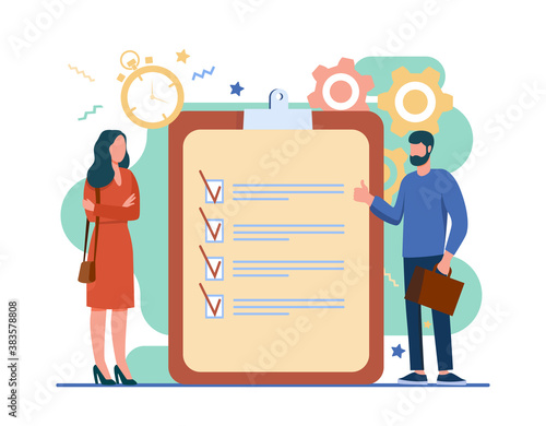 Managers with task list. Employees standing at checklist and timer, making thumb up flat vector illustration. Time management, planning concept for banner, website design or landing web page