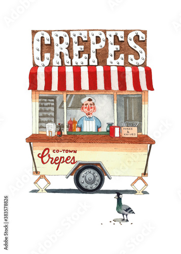 Delicious crepes pancakes wagon with pigeon watercolor illustration