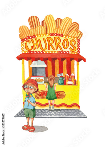 Churros kiosk summer boy and girl street food watercolor illustration