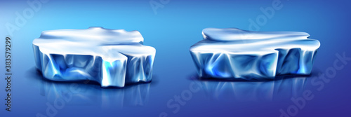 Ice floes iceberg pieces, glacier on blue frozen water surface with reflection. Arctic or north pole snow crystal blocks, isolated design elements, nature objects, Realistic 3d vector illustration