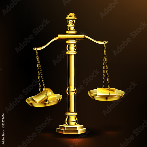 Gold bars on scales, realistic golden weights with precious metal bullion blocks. Money balance, investment, banking system concept. Finance libra isolated on dark background 3d vector illustration