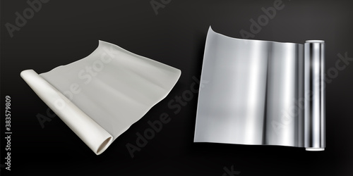 Rolls of aluminium foil and baking paper isolated on black background. Vector realistic set of tube with white greaseproof parchment and metal cooking foil. Wrapping material in coil