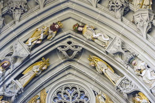 sculpture on the tympanum of the main portal of the cathedral, in Bern, Switzerland