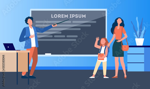 Mom leading child to school class. Daughter, girl, teacher pointing at blackboard flat vector illustration. Parenthood, education concept for banner, website design or landing web page © PCH.Vector