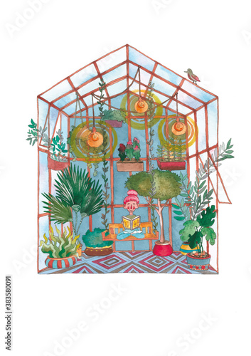 Yoga in greenhouse with plants watercolor illustration on white background