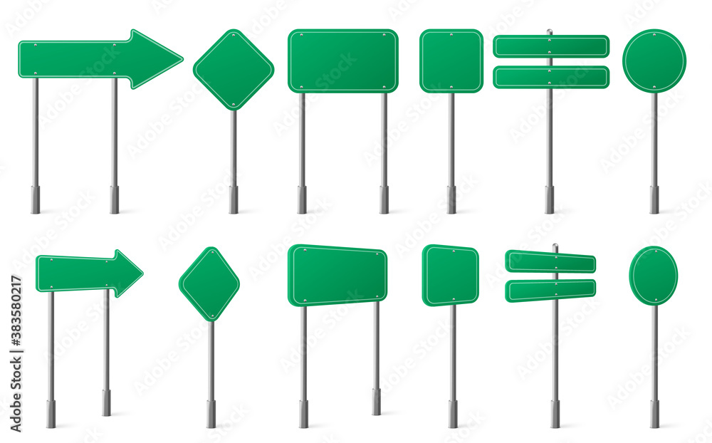 green-road-signs-different-shapes-on-metal-post-front-and-angle-view